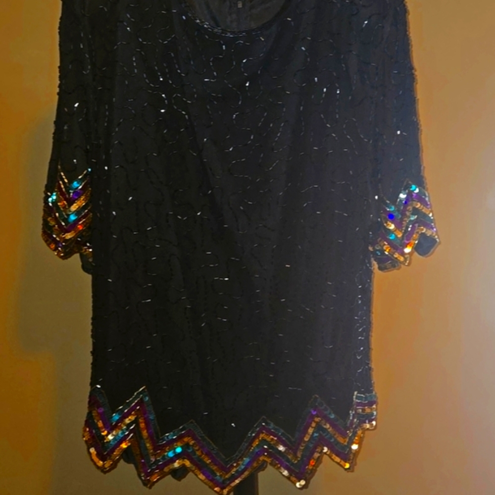 Scala Elegant Black Top/BLOUSE with Bead AND Sequins Accents 2X...festive